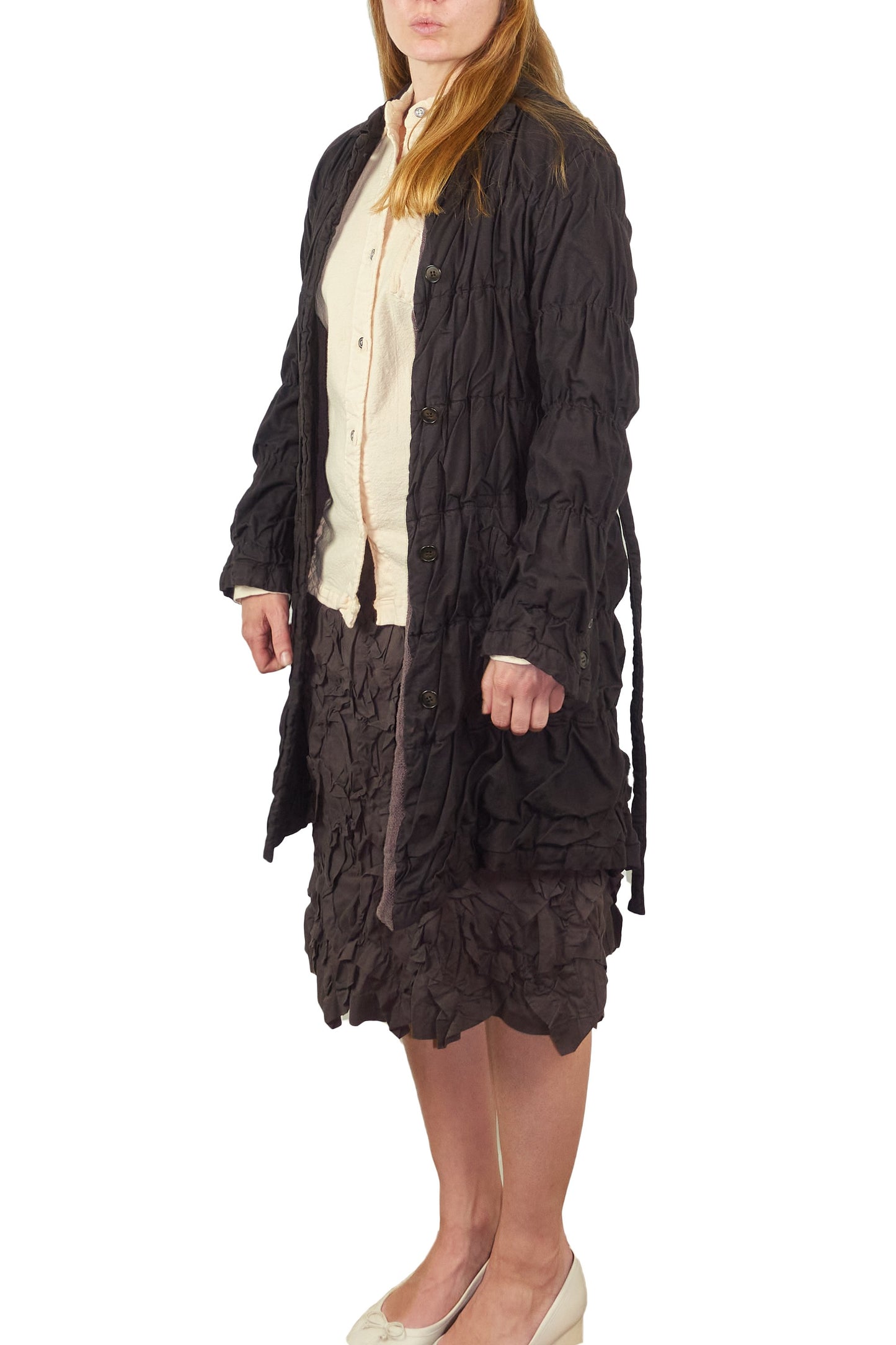 Issey Miyake Permanente shirred coat with waist tie