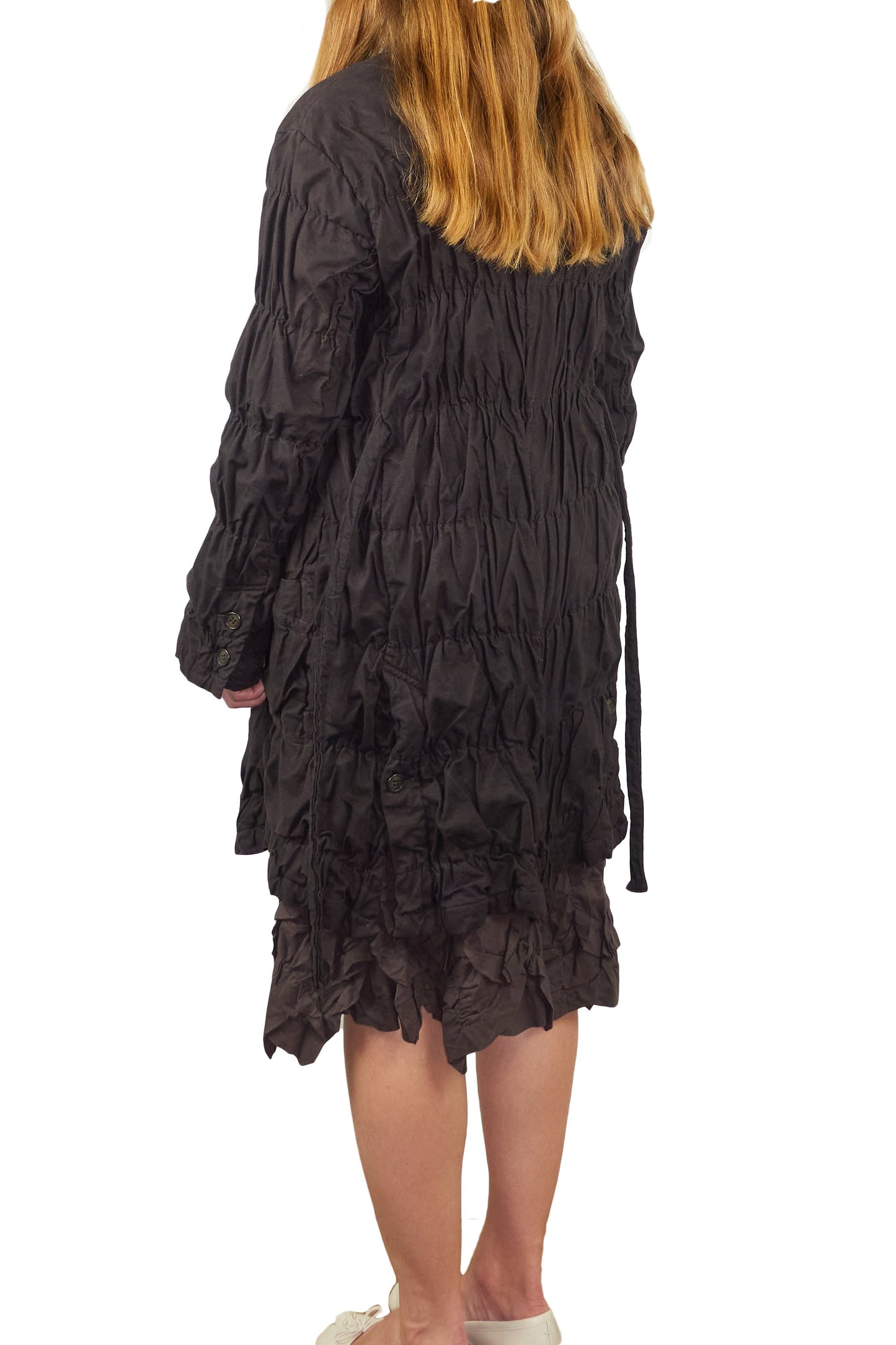 Issey Miyake Permanente shirred coat with waist tie