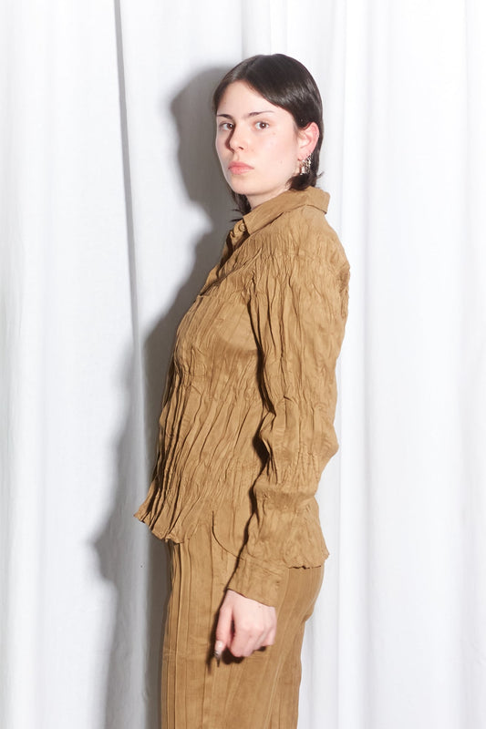 Issey Miyake white label faux suede crinkle shirt pant suit