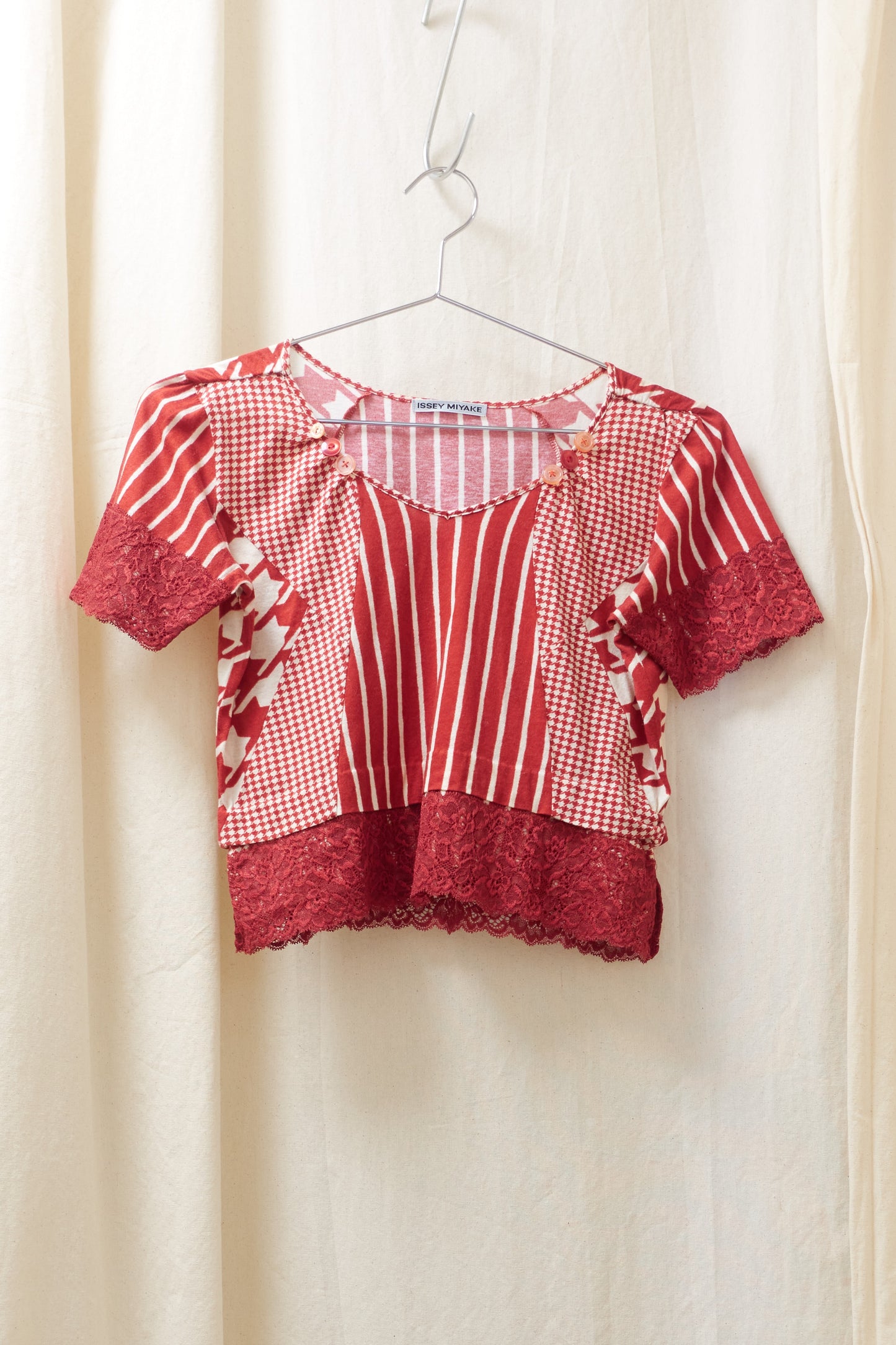 Issey Miyake multi panel pattern top with lace