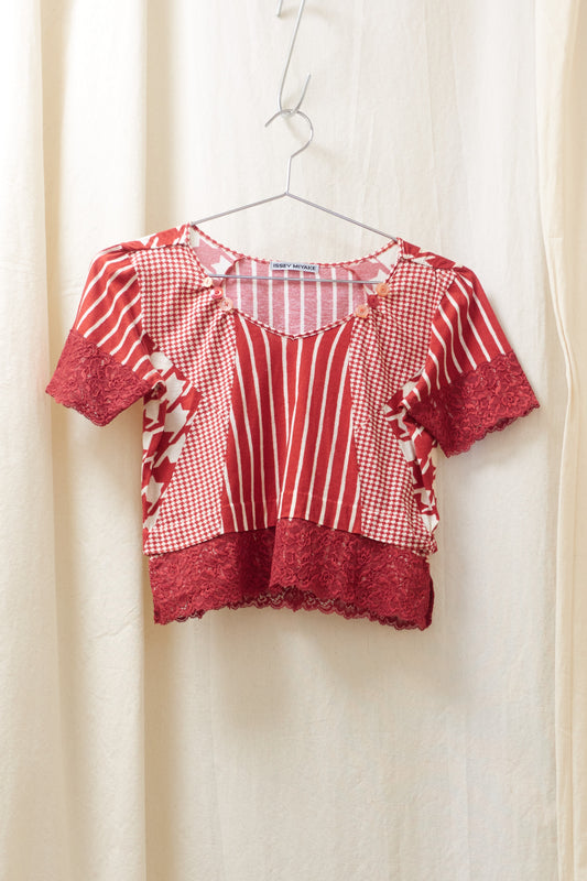 Issey Miyake multi panel pattern top with lace