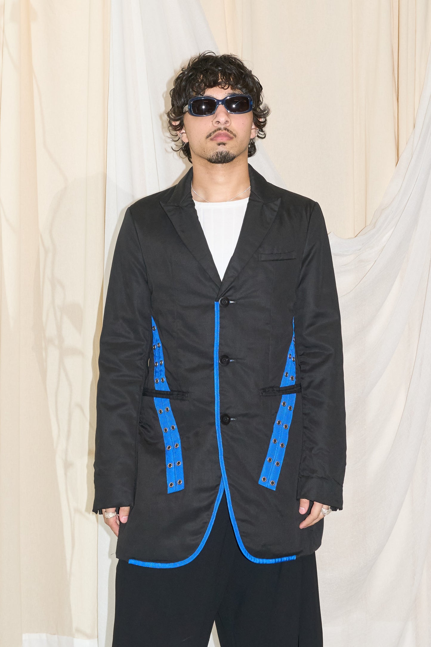John Undercover padded blazer with blue tape accents