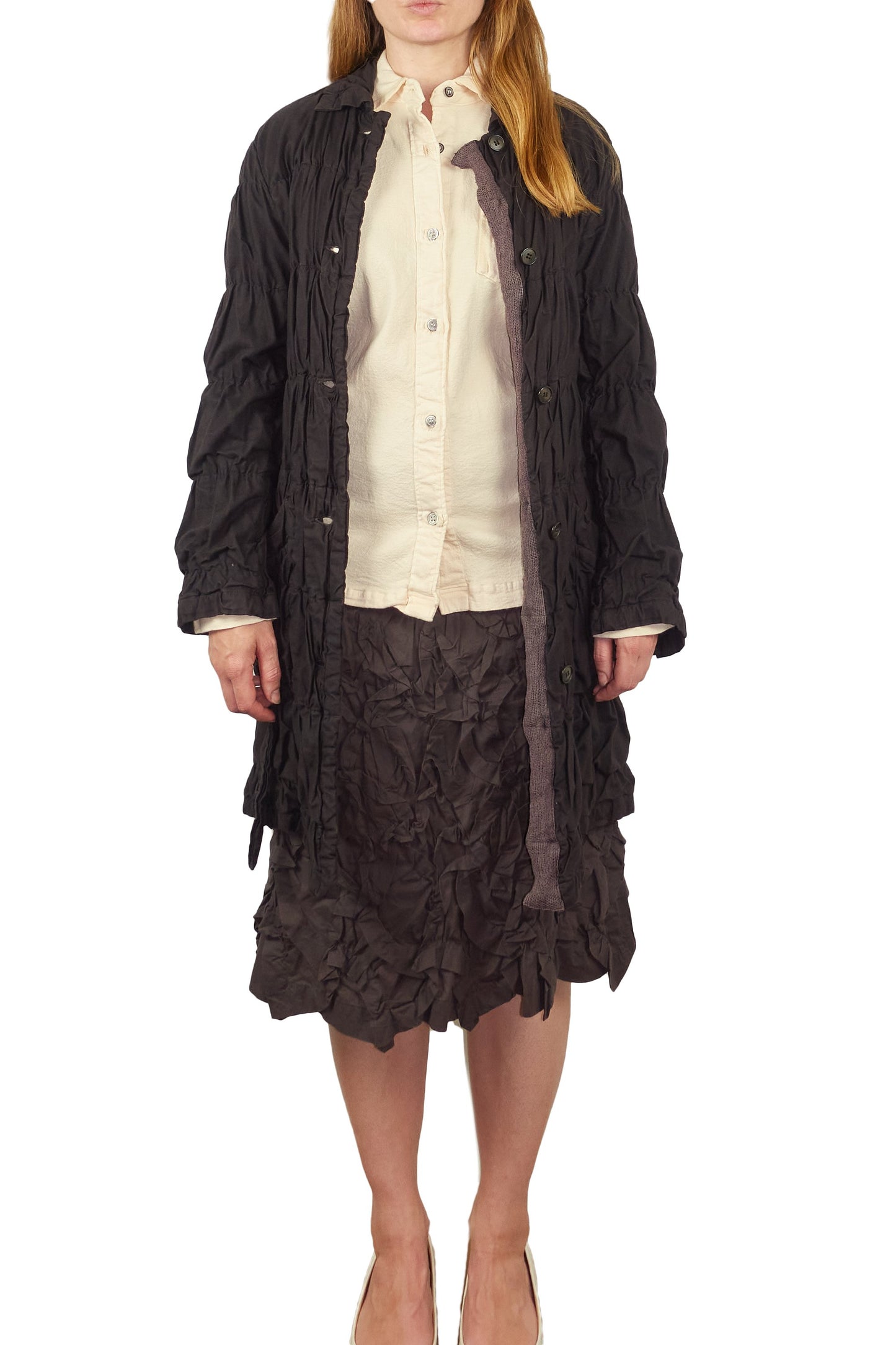 Issey Miyake Permanente shirred coat with waist tie